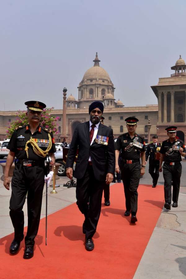 New Delhi: Canadian Defence Minister Harjit Singh Sajjan arrives at South Block in New Delhi on April 18, 2017. (Photo: IANS) by .
