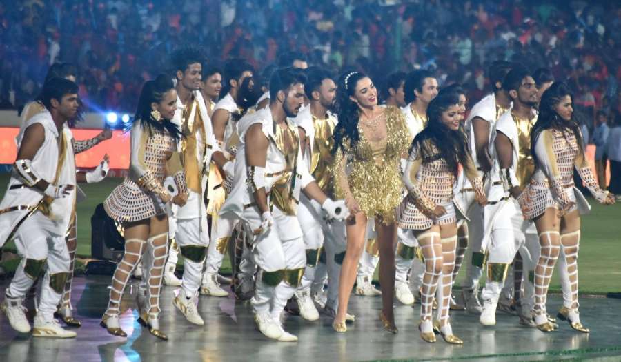 Hyderabad: Actress Amy Jackson performs during the opening ceremony of IPL 2017 at Rajiv Gandhi International Stadium in Hyderabad on April 5, 2017. (Photo: IANS) by .