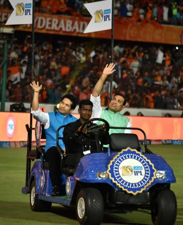 Hyderabad: Sachin Tendulkar and V. V. S. Laxman mentors of Mumbai Indians and Sunrisers Hyderabad respectively during the opening ceremony of IPL 2017 at Rajiv Gandhi International Stadium in Hyderabad on April 5, 2017. (Photo: IANS) by .