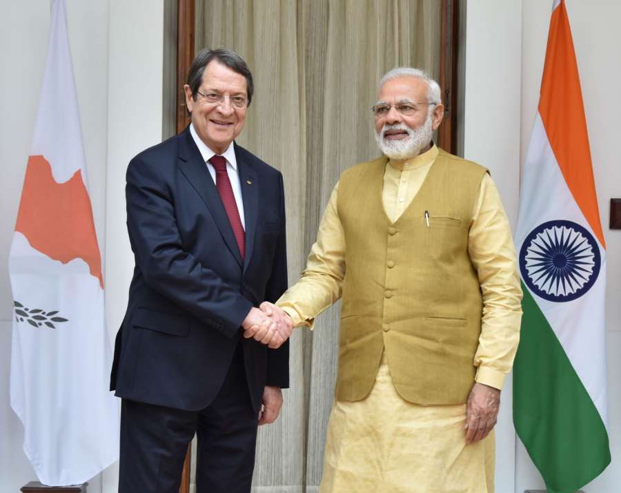 New Delhi: Prime Minister Narendra Modi with Cyprus President Nicos Anastasiades at Hyderabad House in New Delhi on April 28, 2017. (Photo: IANS/PIB) by .