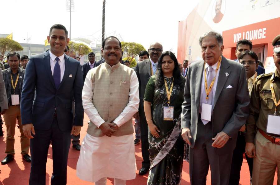Ranchi: Jharkhand Chief Minister Raghubar Das, Indistrialist Ratan Tata and Cricketer MS Dhoni at the venue of 'Momentum Jharkhand Global Investors Summit' in Ranchi on Feb 16, 2017. (Photo: IANS) by .