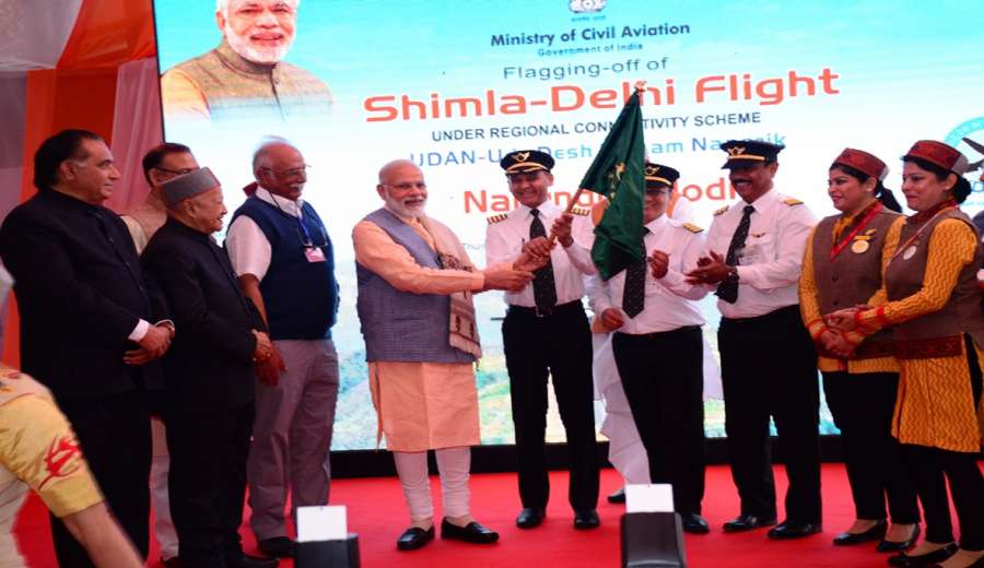 Shimla: Prime Minister Narendra Modi flags-off first Shimla-Delhi flight under UDAN - Ude Desh ka Aam Nagrik scheme at Jubbarhatti airport in Shimla on April 27, 2017. (Photo: IANS) by .