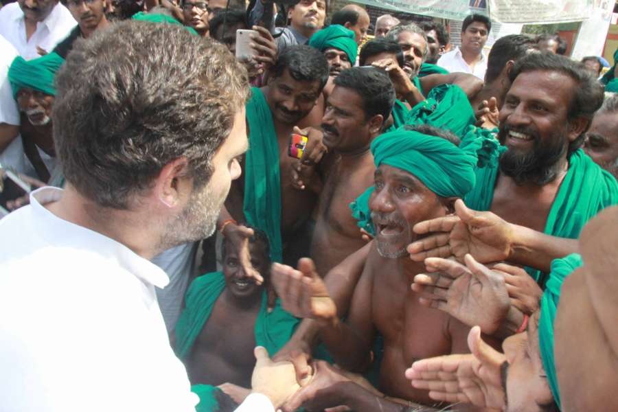New Delhi: Congress vice president Rahul Gandhi meets drought affected farmers from Tamil Nadu who are staging a sit-in demonstration at Jantar Mantar in New Delhi on March 31, 2017. (Photo: IANS) by .