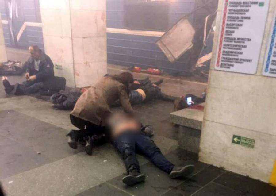 St. Petersburg: April 3, 2017 (Xinhua) The photo taken on April 3, 2017 shows the blast site at a metro station in St. Petersburg, Russia. At least 10 people were killed, 50 injured and 7 stations were shut down after blasts. (Xinhua/vk.com/car crash and accident in St. Petersburg) (gl/IANS) by .
