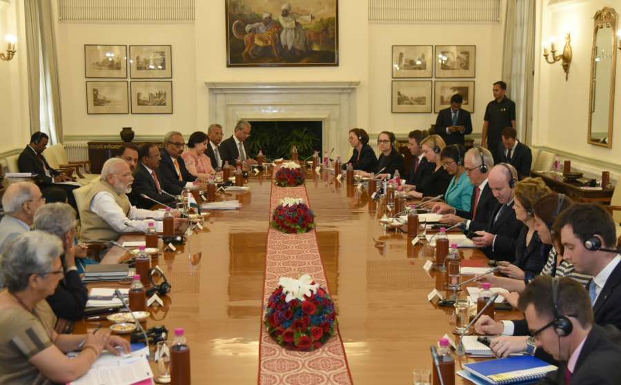New Delhi: Prime Minister Narendra Modi and Australia Prime Minister Malcolm Turnbull, during delegation level talks, at Hyderabad House, in New Delhi on April 10, 2017. (Photo: IANS/PIB) by .