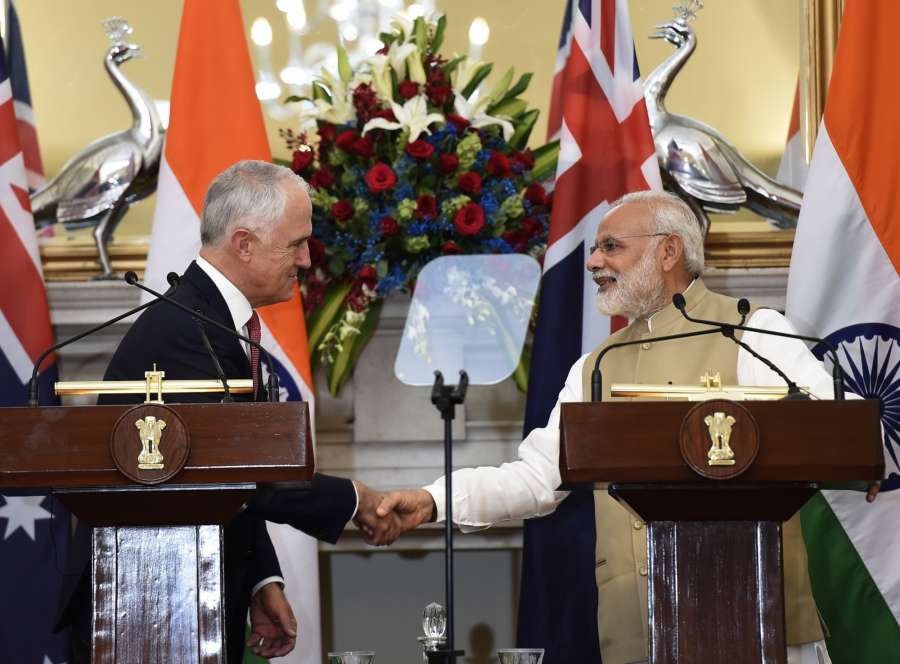 New Delhi: Prime Minister Narendra Modi and Australian Prime Minister Malcolm Turnbull during a joint press conference at Hyderabad House, in New Delhi on April 10, 2017. (Photo: IANS) by .