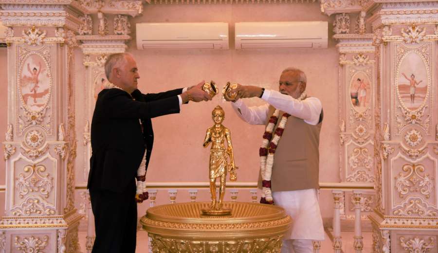 New Delhi: Prime Minister Narendra Modi and Australian Prime Minister Malcolm Turnbull at the Akshardham Temple, in New Delhi on April 10, 2017. (Photo: IANS/PIB) by .