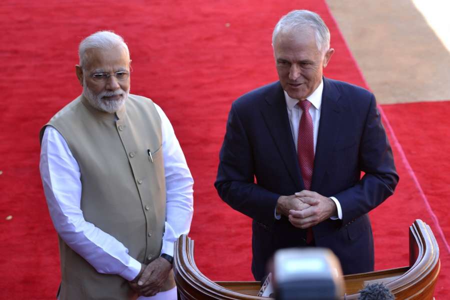 New Delhi: Prime Minister Narendra Modi with Australian Prime Minister Malcolm Turnbull at the Ceremonial Reception organised for the latter at Rashtrapati Bhavan on April 10, 2017. (Photo: IANS) by .