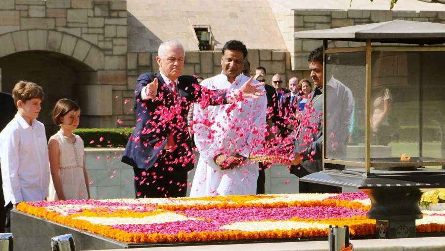 New Delhi: Australian Prime Minister Malcolm Turnbull pays floral tributes at the Samadhi of Mahatma Gandhi, at Rajghat, in Delhi on April 10, 2017. (Photo: IANS/PIB) by .