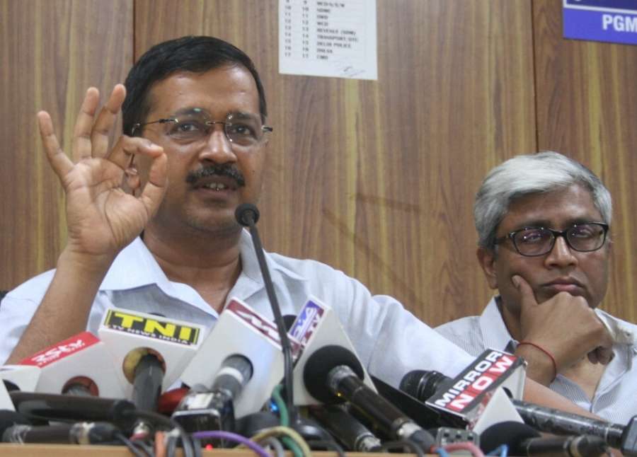 New Delhi: AAP leader Arvind Kejriwal addresses a press conference called to release party's manifesto for Delhi MCD Polls in New Delhi, on April 19, 2017. (Photo: IANS) by .