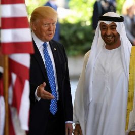 WASHINGTON, May 15, 2017 (Xinhua) -- U.S. President Donald Trump (L) welcomes Sheikh Mohamed bin Zayed Al-Nahyan, Abu Dhabi Crown Prince of the United Arab Emirates (UAE), at the White House in Washington D.C., the United States, on May 15, 2017. (Xinhua/Yin Bogu/IANS) by .