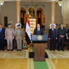 CAIRO, May 26, 2017 (Xinhua) -- Egyptian President Abdel-Fattah al-Sisi (C) delivers a speech in Cairo, Egypt, on May 26, 2017. Egyptian President Abdel-Fattah al-Sisi said on Friday that the Egyptian forces hit terrorist training camps after the shooting attack that killed 28 Copts in Upper Egypt's Minya governorate. (Xinhua/MENA/IANS) by .