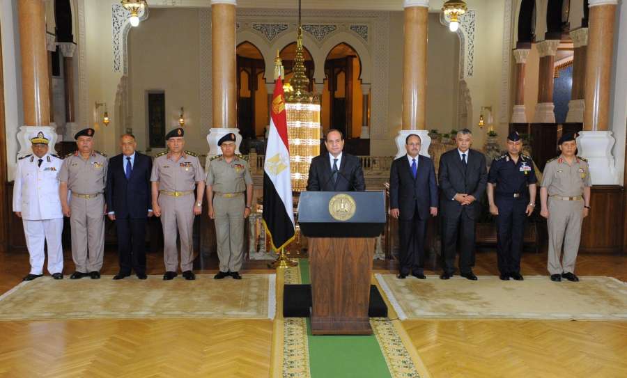 CAIRO, May 26, 2017 (Xinhua) -- Egyptian President Abdel-Fattah al-Sisi (C) delivers a speech in Cairo, Egypt, on May 26, 2017. Egyptian President Abdel-Fattah al-Sisi said on Friday that the Egyptian forces hit terrorist training camps after the shooting attack that killed 28 Copts in Upper Egypt's Minya governorate. (Xinhua/MENA/IANS) by .