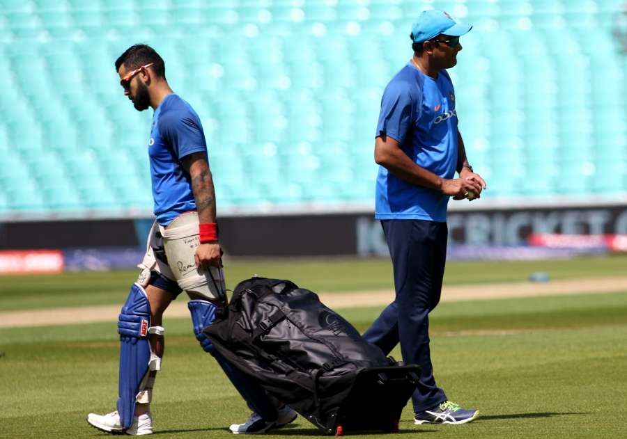 London: Indian skipper Virat Kohli and coach Anil Kumble during a practice session at the Oval in London on June 17, 2017. (Photo: Surjeet Yadav/IANS) by .