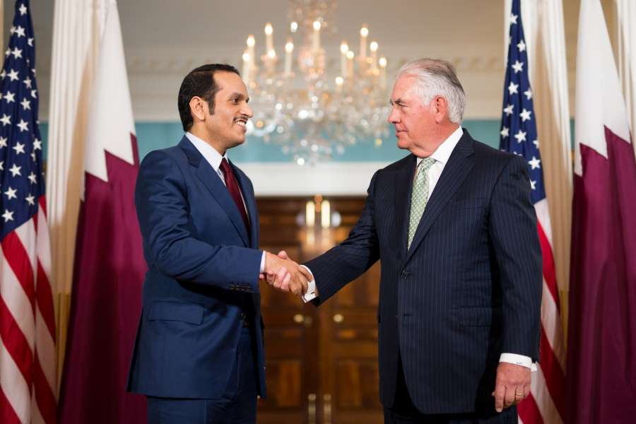 WASHINGTON, June 27, 2017 (Xinhua) -- U.S. Secretary of State Rex Tillerson (R) shakes hands with Qatari Foreign Minister Sheikh Mohammed bin Abdulrahman Al-Thani during their meeting in Washington D.C., the United States, on June 27, 2017. (Xinhua/Ting Shen/IANS) by .