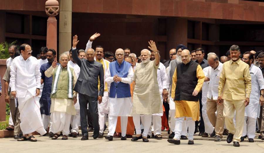New Delhi: Prime Minister Narendra Modi and NDA presidential candidate Ram Nath Kovind with BJP leaders Venkaiah Naidu, LK Advani, Amit Shah, Telugu Desam Party (TDP) president N. Chandrababu Naidu and others at Parliament in New Delhi on June 23, 2017. Kovind filed his nomination for the July 17 election accompanied by leaders of political parties who are backing him. (Photo: IANS) by .