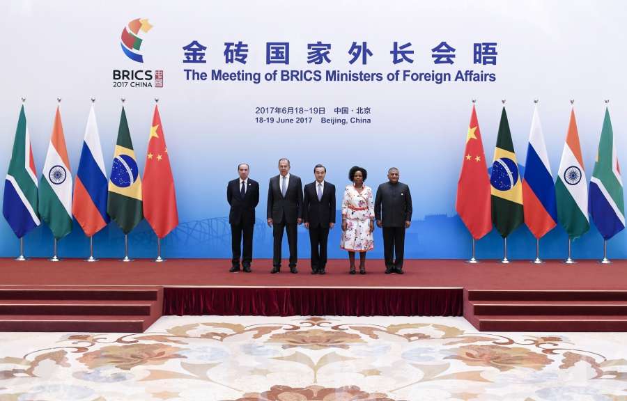 BEIJING, June 19, 2017 (Xinhua) -- BRICS ministers of foreign affairs pose for a group photo during their meeting in Beijing, capital of China, June 19, 2017. (Xinhua/Yan Yan/IANS) by .