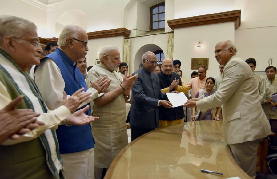 New Delhi: Ram Nath Kovind files his nomination papers for the Presidential Election, in the presence of Prime Minister Narendra Modi, BJP MP LK Advani and and other dignitaries, at Parliament, in New Delhi on June 23, 2017. (Photo: IANS/PIB) by .