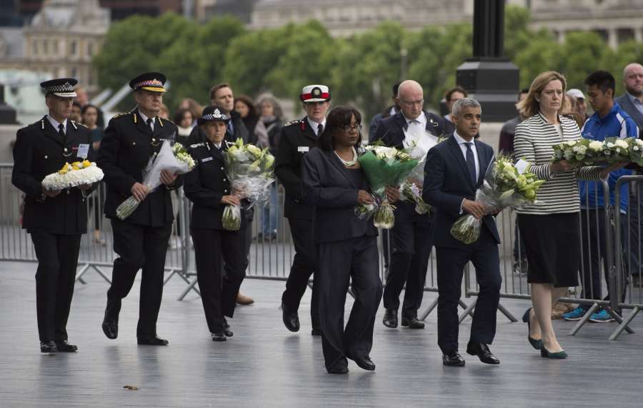 LONDON, June 5, 2017 (Xinhua) -- London Mayor Sadiq Khan (2nd R, front) attends a mourning for the victims of the London Bridge attack in London, Britain, on June 5, 2017. The London Bridge attack occured on Saturday claimed seven lives and injured 48 others. (Xinhua/IANS) by .