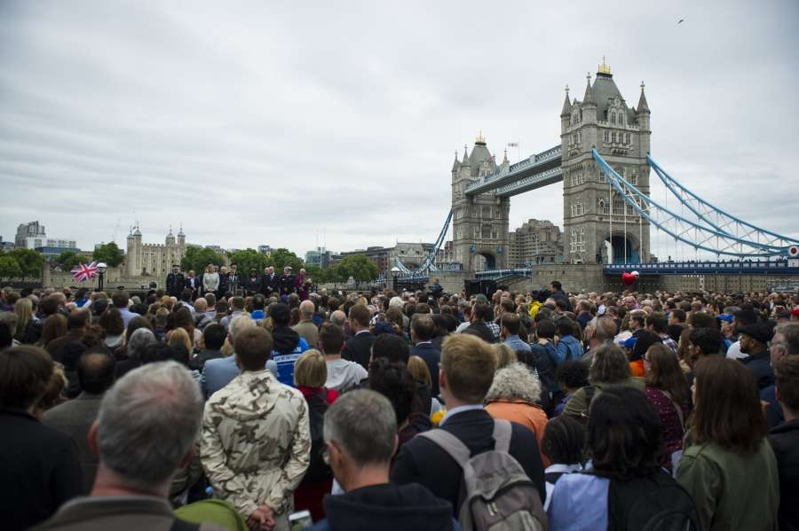 LONDON, June 5, 2017 (Xinhua) -- People take part in a mourning for the victims of the London Bridge attack in London, Britain, on June 5, 2017. The London Bridge attack occured on Saturday claimed seven lives and injured 48 others. (Xinhua/IANS) by .
