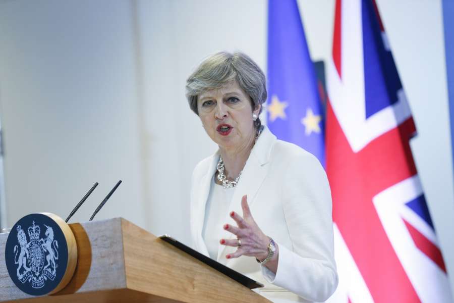 Brussels: British Prime Minister Theresa May attends a press conference at the end of a two-day EU Summit in Brussels, Belgium, June 23, 2017. (Xinhua/Ye Pingfan/IANS) by .
