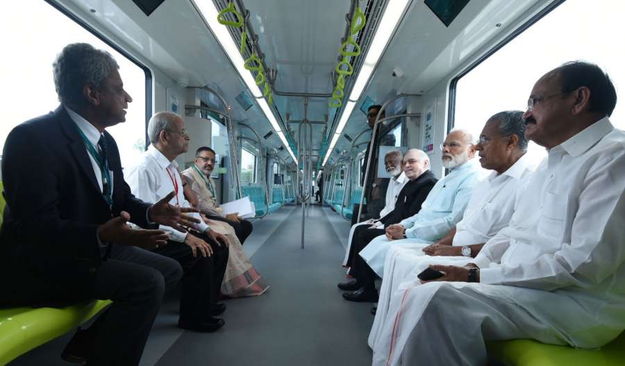 Kochi: Prime Minister Narendra Modi and other dignitaries take a ride on Kochi Metro, in Kerala on June 17, 2017. (Photo: IANS/PIB) by .