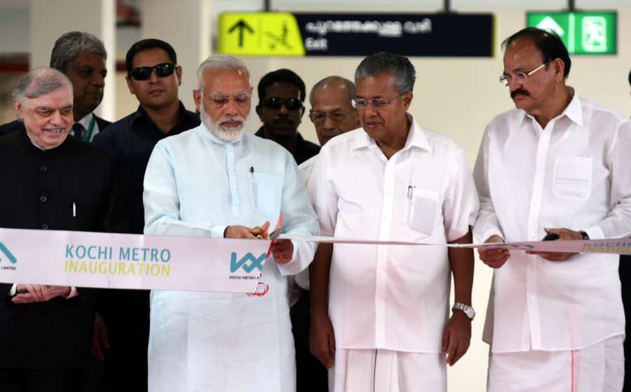 Kochi: Prime Minister Narendra Modi inaugurates the Kochi Metro, in Kerala on June 17, 2017. The Governor of Kerala, Justice (Retd.) P. Sathasivam, the Union Minister for Urban Development, Housing & Urban Poverty Alleviation and Information & Broadcasting M. Venkaiah Naidu and the Chief Minister of Kerala Pinarayi Vijayan are also seen. (Photo: IANS/PIB) by .