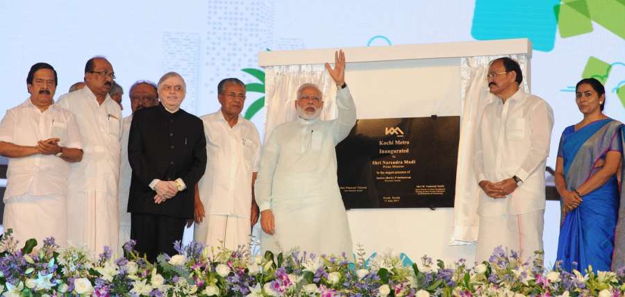 Kochi: Prime Minister Narendra Modi dedicates the Kochi Metro to the Nation, in Kerala on June 17, 2017. The Governor of Kerala, Justice (Retd.) P. Sathasivam, the Union Minister for Urban Development, Housing & Urban Poverty Alleviation and Information & Broadcasting, M. Venkaiah Naidu, the Chief Minister of Kerala, Pinarayi Vijayan and other dignitaries are also seen. (Photo: IANS/PIB) by .
