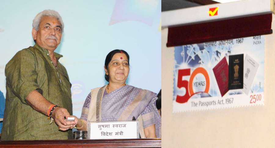 New Delhi: Union Minister for External Affairs Sushma Swaraj and Minister of State for Communications (Independent Charge) and Railways Manoj Sinha release the commemorative postage stamp to mark the completion of 50 years of the Passport Act in New Delhi on June 23, 2017. (Photo: IANS/PIB) by .