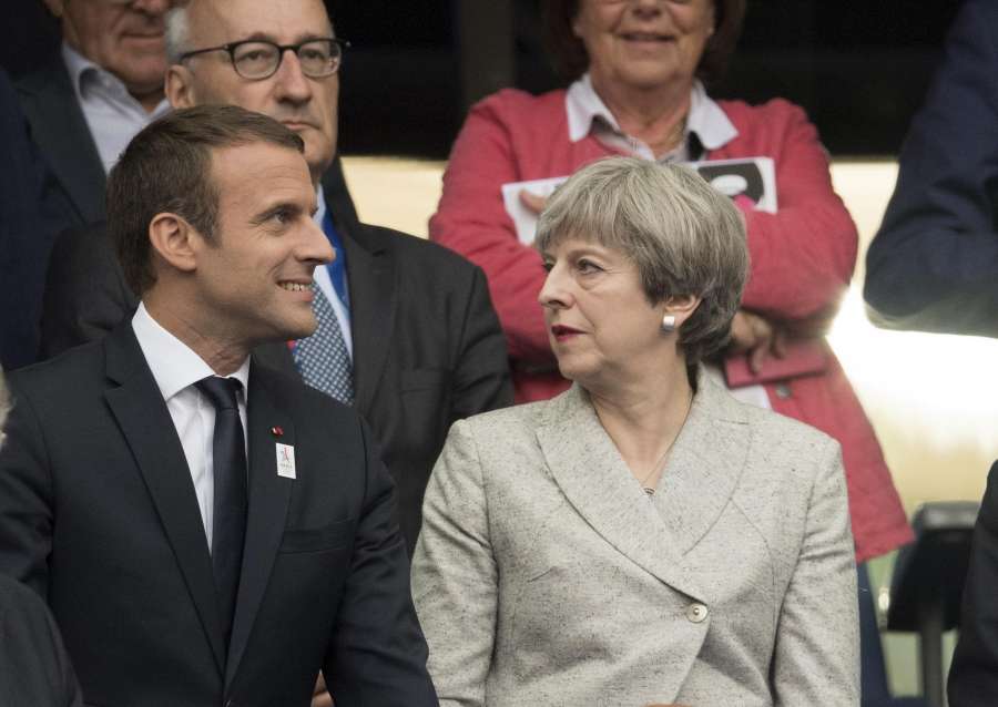SAINT-DENIS, June 14, 2017 (Xinhua) -- French President Emmanuel Macron (L) and British Prime Minister Theresa May attend the international friendly match between France and England at the Stade de France in Saint-Denis, France on June 13, 2017. France won England with 3-2. (Xinhua/David Niviere/IANS) by .
