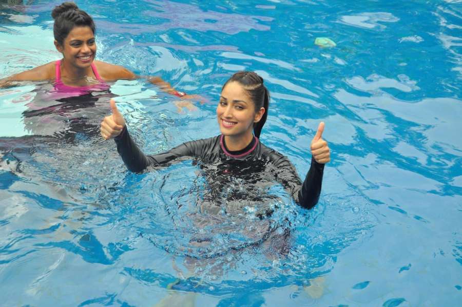 Mumbai: Actress Yami Gautam practice Speedo Aquafit-Vertical underwater fitness training program in Mumbai, on June 21, 2017. (Photo: IANS) by .