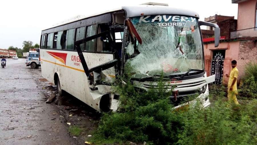 Kathua: A view of the bus carrying Amarnath Yatra pilgrims from Uttar Pradesh to the Kashmir Valley that collided with a truck at Lakhanpur on the Pathankot-Jammu highway in Kathua district of of Jammu and Kashmir on June 29, 2017. (Photo: IANS) by .