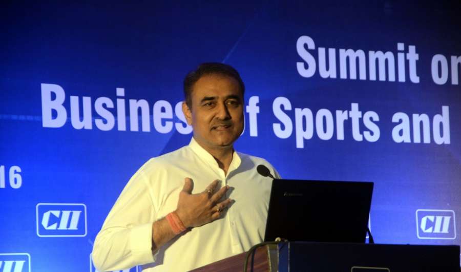 Mumbai: All India Football Federation (AIFF) President Praful Patel addresses during a summit on "Business of Sports and Entertainment" organised by CII in Mumbai on Sept 21, 2016. (Photo: IANS) by .