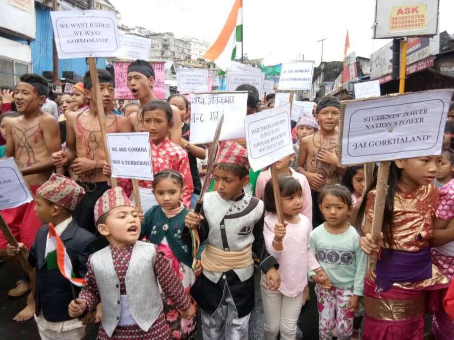 Darjeeling:Gorkha kids participate in a pro-Gorkhaland rally organised by Gorkha Janamukti Morcha (GJM) in Darjeeling on June 28, 2017. (Photo: IANS) by .