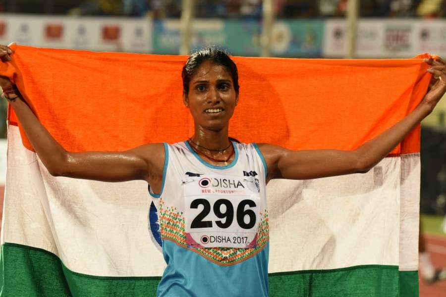 Bhubaneswar: Indian athlete Sudha Singh celebrates after winning gold in the women's 3,000 metre steeplechase event during Asian Athletics Championship at Kalinga Stadium in Bhubaneswar on July 8, 2017. (Photo: IANS) by .