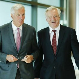 BRUSSELS, Aug. 28, 2017 (Xinhua) -- British Brexit Secretary David Davis (R) and European Union's chief Brexit negotiator Michel Barnier arrive to address the media prior to the third round of Brexit talks in Brussels, Belgium, Aug. 28, 2017. The European Union (EU) on Monday urged Britain to take a more serious stance and quickly provide official positions on all Brexit issues as the latter called for more "flexibility and imagination" on both sides in the third round talks. (Xinhua/Ye Pingfan/IANS) by .