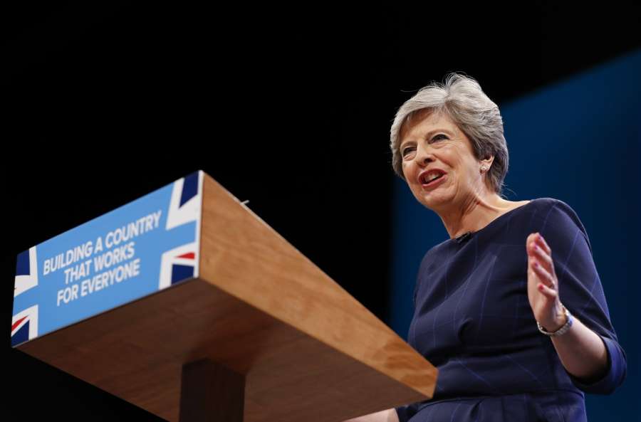 MANCHESTER, Oct. 4, 2017 (Xinhua) -- Britain's Prime Minister Theresa May delivers her keynote speech on the last day of the Conservative Party Annual Conference in Manchester, Britain on Oct. 4, 2017. (Xinhua/Han Yan/IANS) by .
