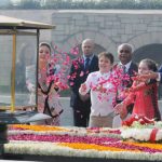 New Delhi: Canadian Prime Minister Justin Trudeau and his family pay floral tribute at the Samadhi of Mahatma Gandhi, at Rajghat, in Delhi on Feb 23, 2018. (Photo: IANS/PIB) by .