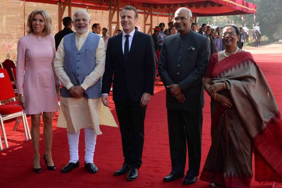 New Delhi: President Ram Nath Kovind, with his wife Savita Kovind, Prime Minister Narendra Modi receives Emmanuel Macron, President of France and First Lady Brigitte Macron during his ceremonial reception at forecourt in Rashtrapati Bhavan on March 10, 2018. (Photo: IANS/RB) by .