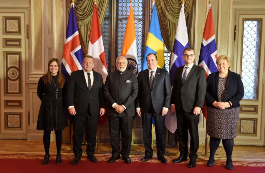 Stockholm: Prime Minister Narendra Modi with heads of state of five Nordic nations of Sweden, Denmark, Iceland, Norway and Finland at India-Nordic Summit, in Stockholm, Sweden on April 17, 2018. (Photo: IANS/PIB) by .