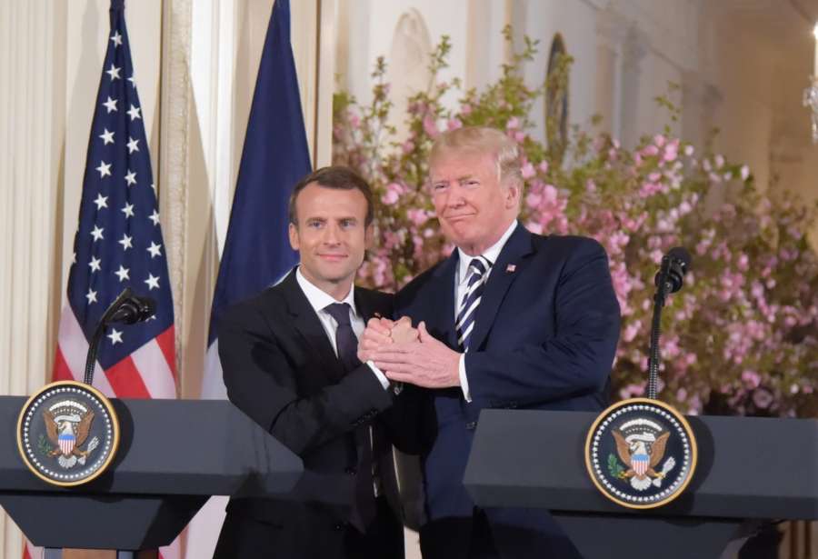 WASHINGTON, April 24, 2018 (Xinhua) -- U.S. President Donald Trump (R) and French President Emmanuel Macron attend a joint press conference at the White House in Washington D.C., the United States, April 24, 2018. Macron is on a state visit to the United States from Monday to Wednesday. (Xinhua/Yang Chenglin/IANS) by .