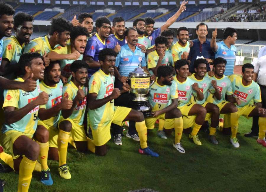 Kolkata: Players of Kerala with their Santosh Trophy after winning win the 72nd edition of the Santosh Trophy football tournament by beating defending champions Bengal 4-2 in the tie-breaker after the final ended 2-2 in extra time; at the Vivekananda Yuvabharati Krirangan in Kolkata on April 1, 2018 (Photo: IANS) by .