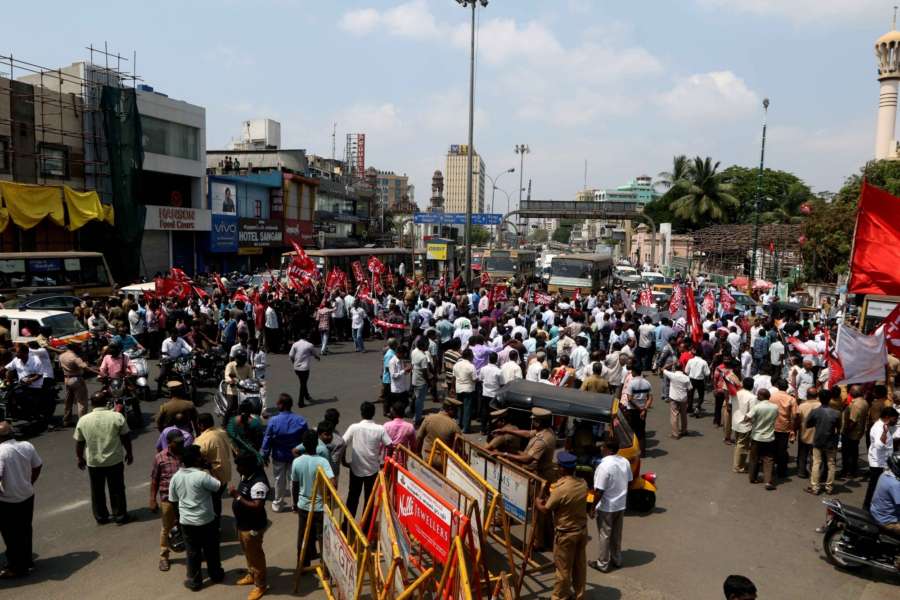 Chennai: Centre of Indian Trade Unions (CITU) workers block roads as they stage a demonstration during a DMK-led shutdown strike over the Centre's failure to set up a Cauvery Management Board (CMB), in Chennai on April 5, 2018. (Photo: IANS) by .
