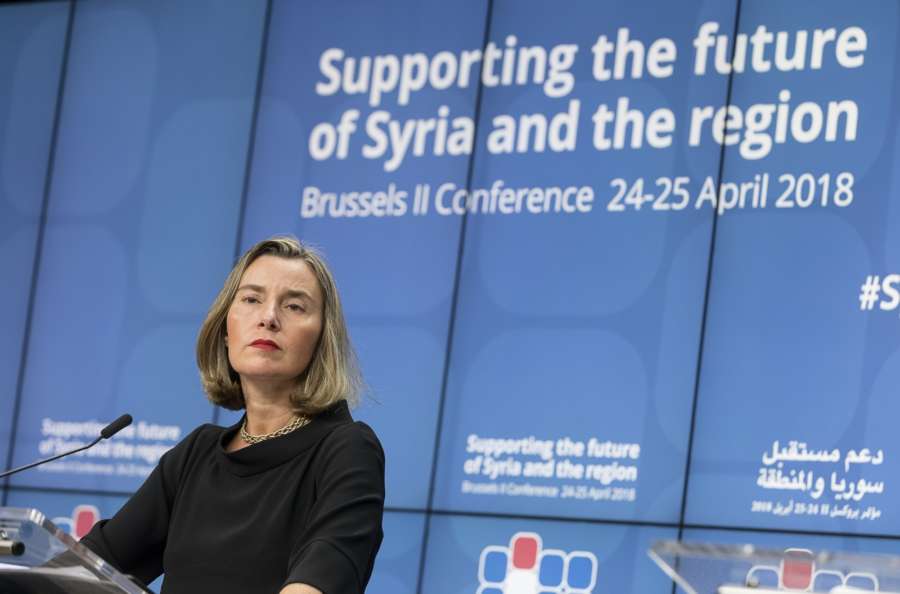 BRUSSELS, April 25, 2018 (Xinhua) -- EU foreign policy chief Federica Mogherini speaks during a press conference after the conference on "Supporting the future of Syria and the region" at EU council headquarters in Brussels, Belgium, April 25, 2018. (Xinhua/Thierry Monass/IANS) by .