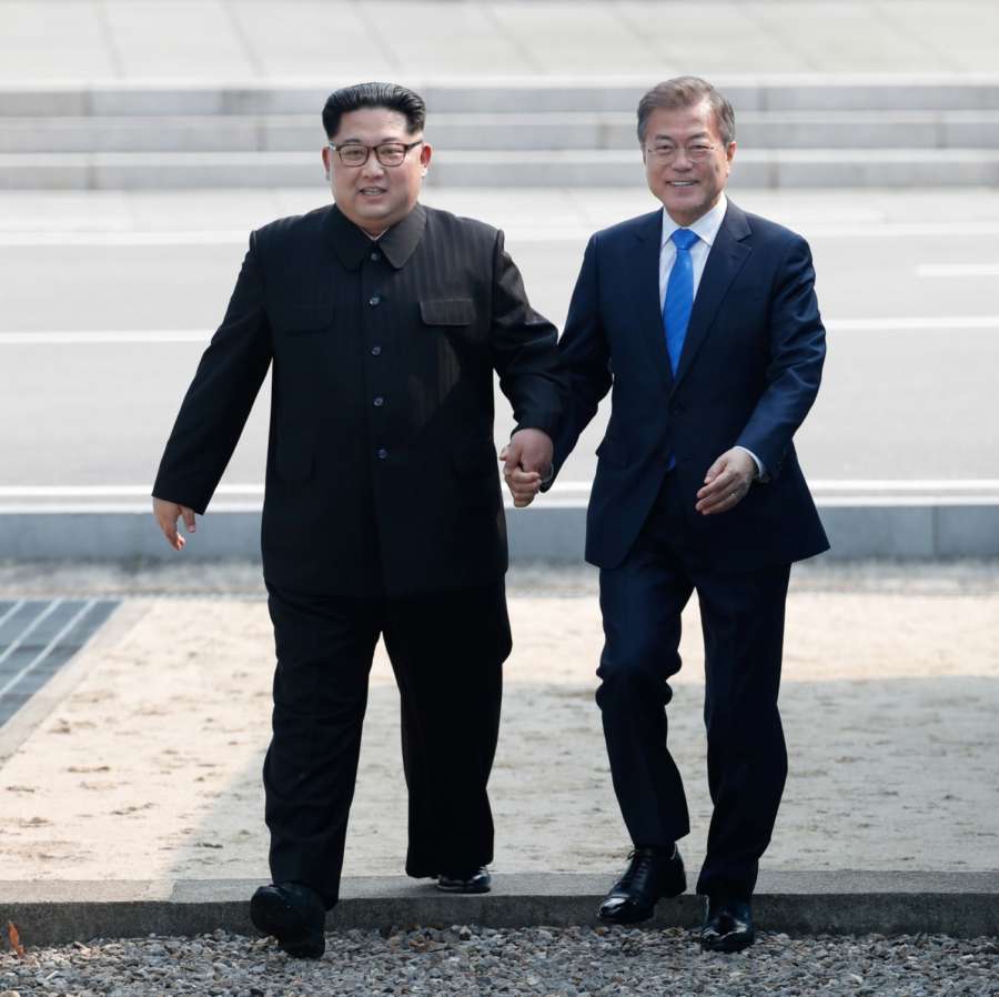 PANMUNJOM, April 27, 2018 (Xinhua) -- South Korean President Moon Jae-in (R) meets with top leader of the Democratic People's Republic of Korea (DPRK) Kim Jong Un in the border village of Panmunjom on April, 27, 2018. Moon Jae-in arrived Friday morning in the border village of Panmunjom for his first summit with Kim Jong Un. (Xinhua/Inter-Korean Summit Press Corps/IANS) by .