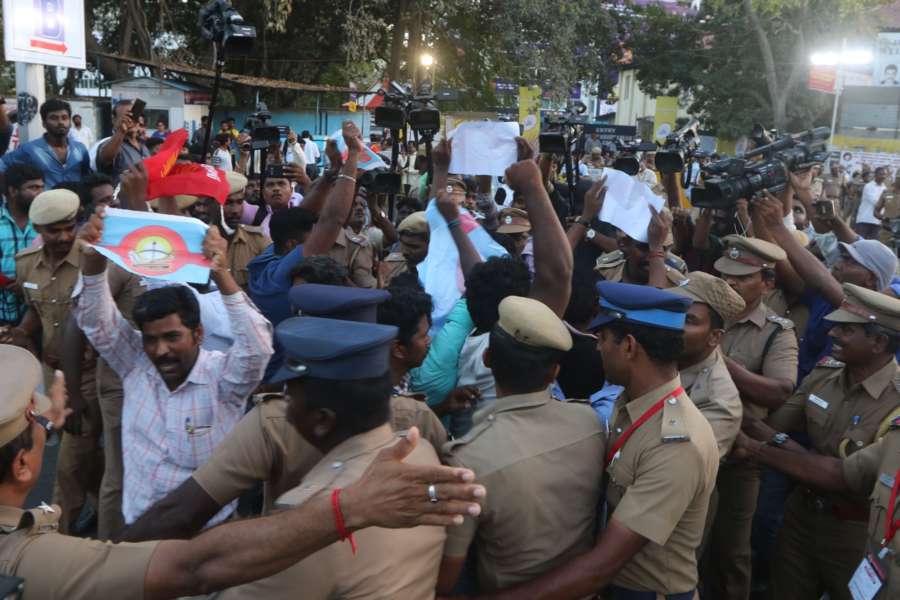 Chennai: Police stops people demanding Cauvery Management Board (CMB) from staging a demonstration against an IPL match between Chennai Super Kings (CSK) and Kolkata Knight Riders (KKR) scheduled to be held at Chepauk Stadium in Chennai on April 10, 2018. (Photo: IANS) by .