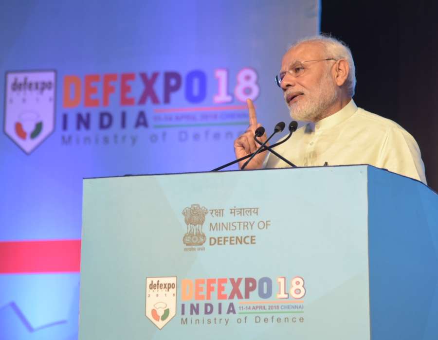Chennai: Prime Minister Narendra Modi addresses at DefExpo India 2018, at Mahabalipuram near Chennai on April 12, 2018. (Photo: IANS/PIB) by .