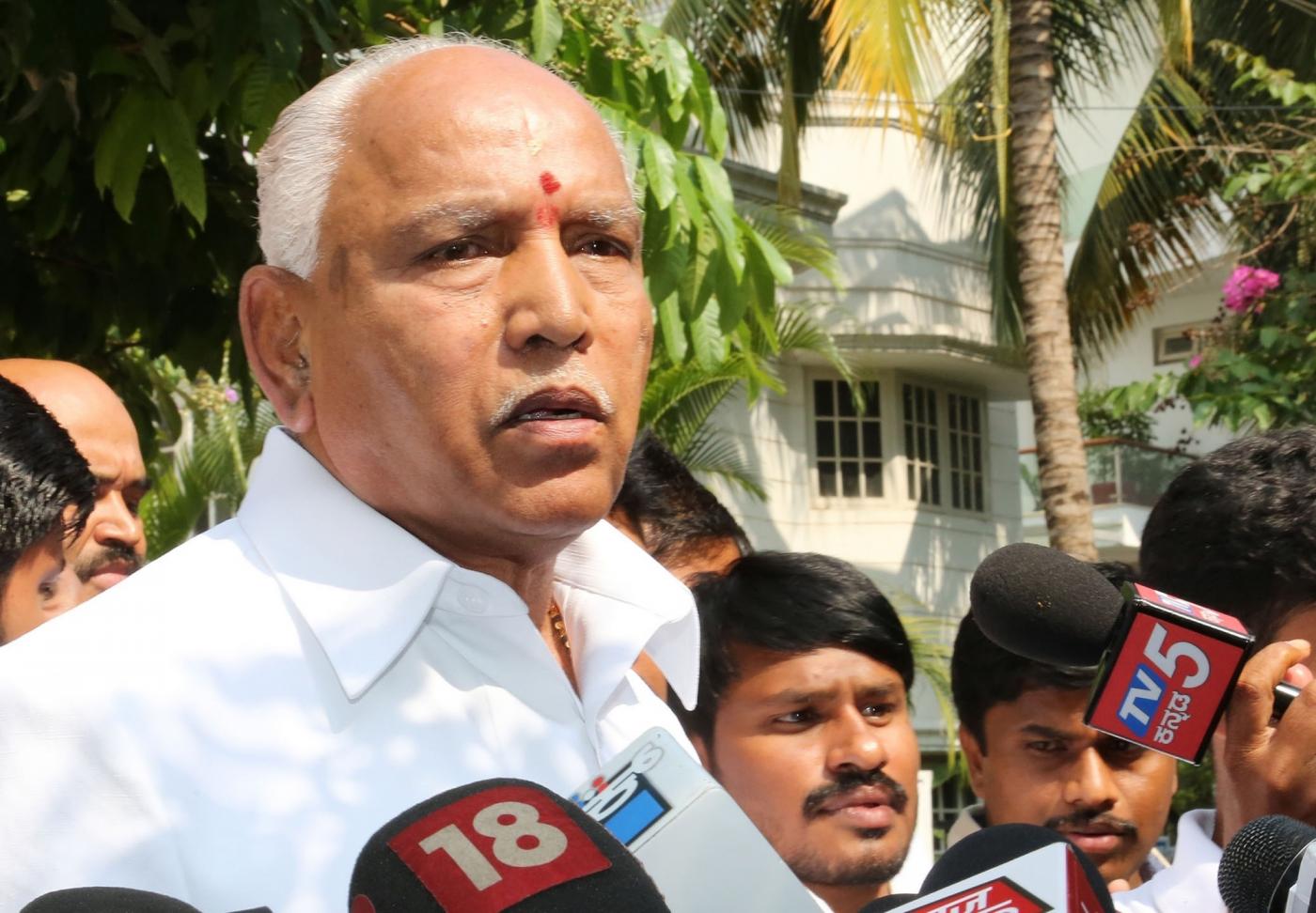 Bengaluru: BJP's Chief Ministerial candidate B.S. Yeddyurappa talks to the press after he was elected to the Karnataka Assembly from Shikaripura by 35,397 votes; in Bengaluru on May 15, 2018. Yeddyurappa, 75, defeated Congress nominee Goni Malatesha and seven others in his home constituency. (Photo: IANS) by .