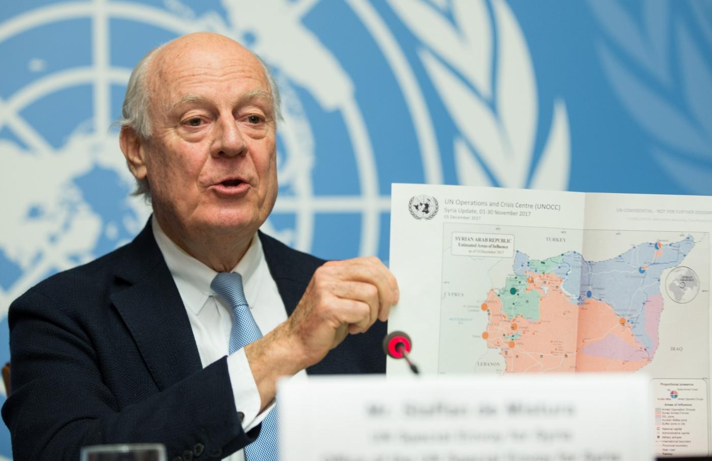 GENEVA, Dec. 14, 2017 (Xinhua) -- The UN Special Envoy for Syria Staffan de Mistura shows a map of Syria at a press conference in Geneva, Switzerland, on Dec. 14, 2017. Staffan de Mistura said that the way Intra-Syrian peace talks proceed will come after he speaks to the Security Council in New York as the eighth round ended Thursday without "real negotiations." (Xinhua/Xu Jinquan/IANS) by .