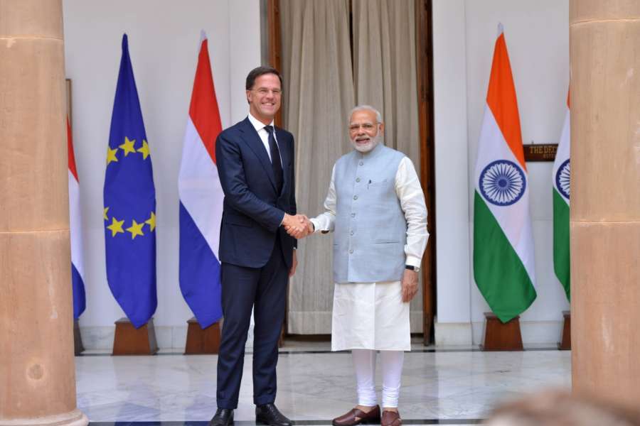 New Delhi: Prime Minister Narendra Modi with his Dutch counterpart Mark Rutte ahead of a bilateral meeting, at Hyderabad House in New Delhi on May 24, 2018. (Photo: IANS) by .